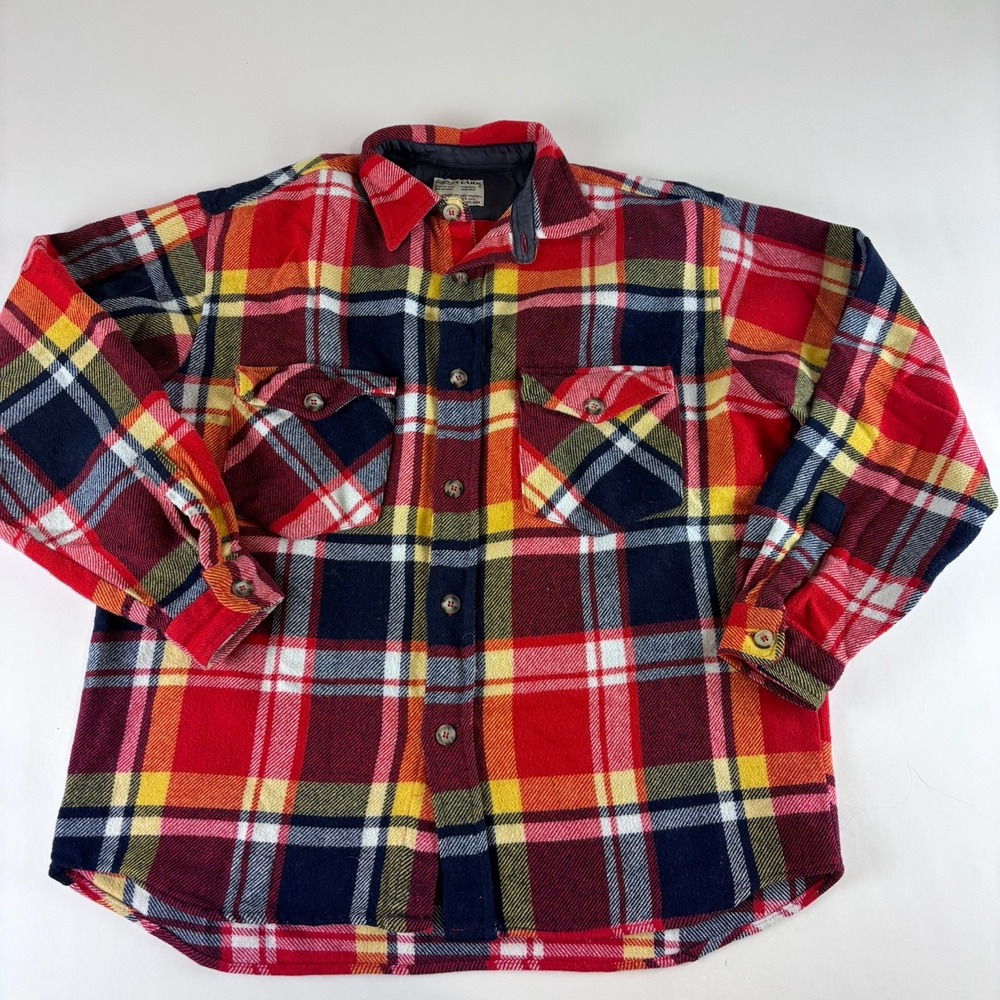 Vintage Medium Clark Tropical Navy‎ Long Sleeve Plaid Wool Mix Button Up Flannel
